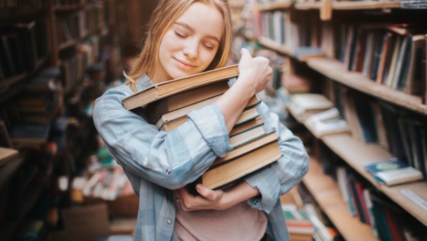 GIRL, BOOK, LIBRARY