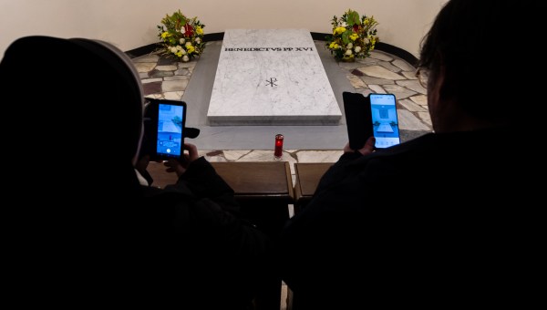 The tomb of late Pope Emeritus Benedict XVI inside the grottos of St. Peter's Basilica