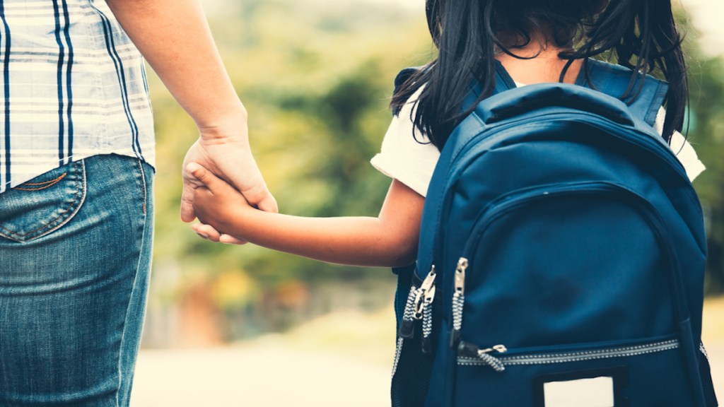 Mãe segurando a mão de criança indo para a escola