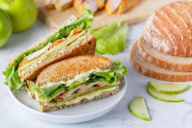 Grilled organic chicken sandwich with green apple, lettuce and cheese sauce on whole grain bread
