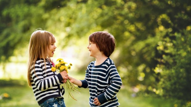boy giving flowers to the girl