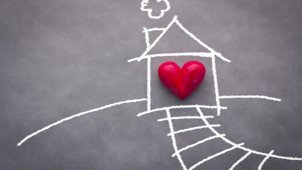 home sweet home house drawing with red heart on grey background