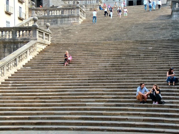 Girona, Spain - September 27, 2017 - In the old part of the city. Stairs leading to the Cathedral ( Catedral de Santa Maria).