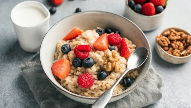 Healthy Oatmeal Porridge With Summer Berries Blueberry Raspberry Strawberry In A Bowl