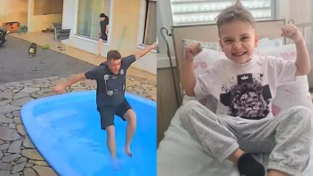 Montagem com um pai pulando na piscina para salvar o filho