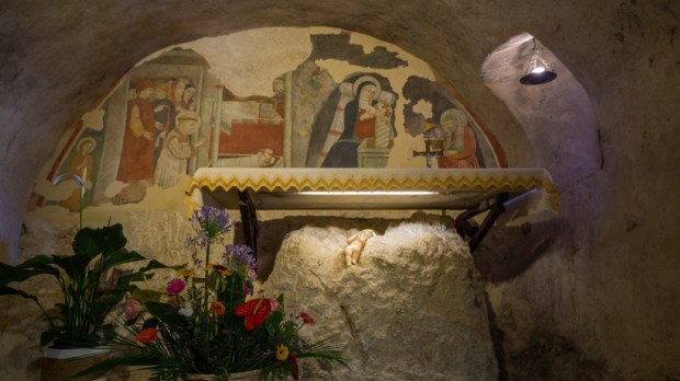 Nativity Cave in Hermitage Shrine (Santuario di Greccio) erected by St. Francis of Assisi