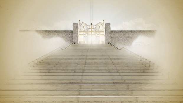 A pencil sketch and watercolor technique concept depicting the majestic pearly gates of heaven