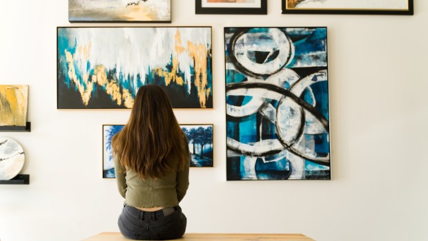 admiring the various paintings on the wall of an art gallery