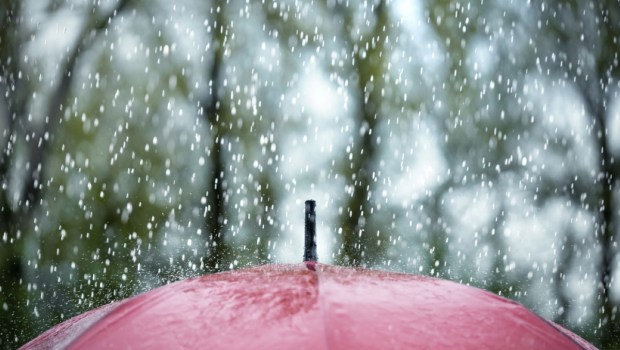 Close up of an umbrella on a rainy day with copy space