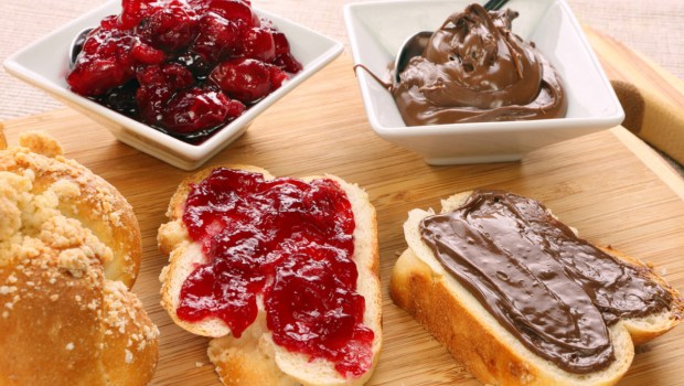 Jam and chocolate spread bread breakfast