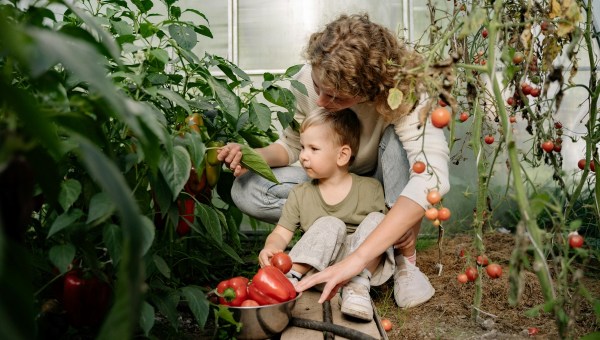 Mom and son in garden