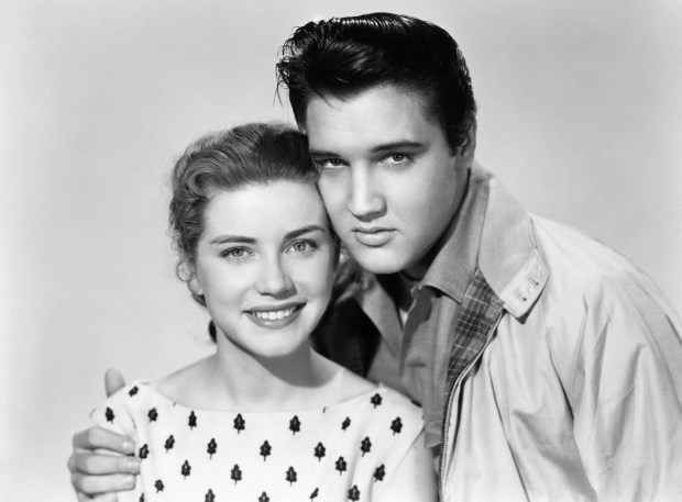 Dolores Hart and Elvis Presley in a publicity still from the movie Loving You.