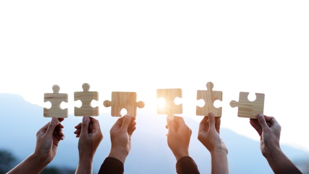 Hands are raised against a bright, white sky, each holding a piece of a wooden jigsaw puzzle