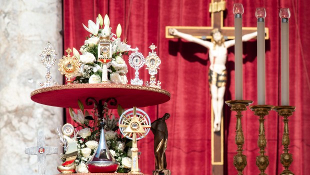Relics of saints on display during a canonisation mass at St. Peter's Square in The Vatican on May 15, 2022 creating 10 saints including India's Devasahayam, French hermit Charles de Foucauld and Dutch theologian Titus Brandsma