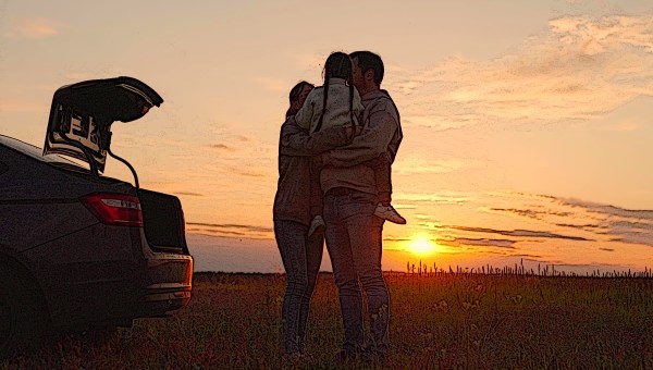 family hug sunset