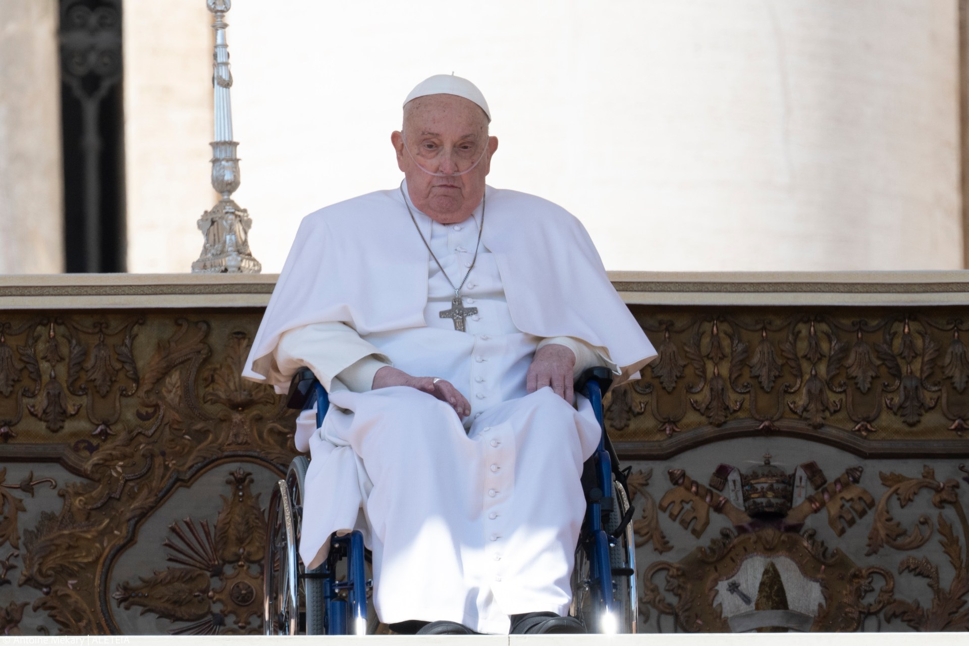 Pope Francis is pushed in a wheelchair on St. Peter's square to conduct the Angelus prayer in The Vatican, on April 6, 2025.