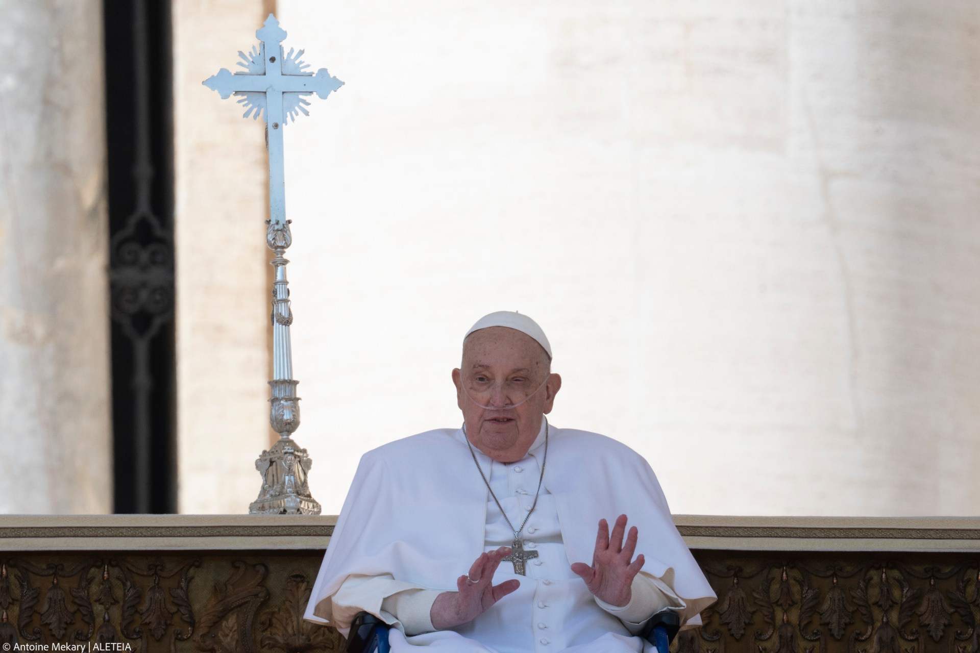 Pope Francis is pushed in a wheelchair on St. Peter's square to conduct the Angelus prayer in The Vatican, on April 6, 2025.
