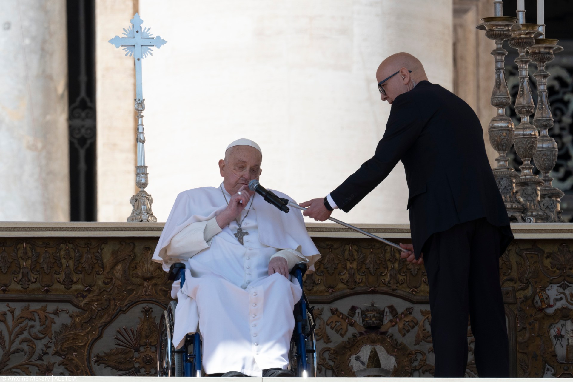 Pope Francis is pushed in a wheelchair on St. Peter's square to conduct the Angelus prayer in The Vatican, on April 6, 2025.