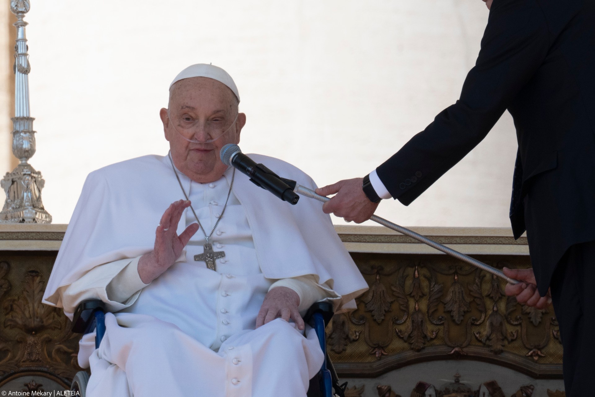 Pope Francis is pushed in a wheelchair on St. Peter's square to conduct the Angelus prayer in The Vatican, on April 6, 2025.