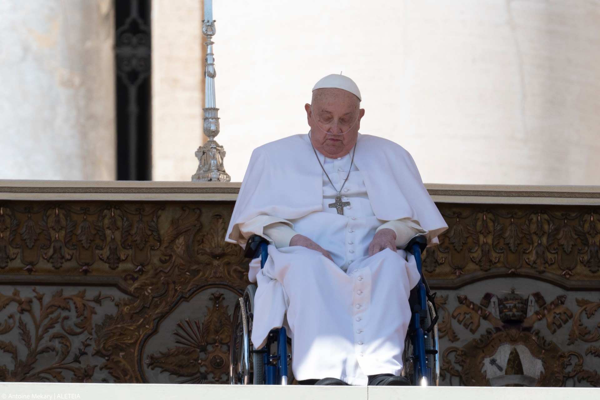 Pope Francis is pushed in a wheelchair on St. Peter's square to conduct the Angelus prayer in The Vatican, on April 6, 2025.