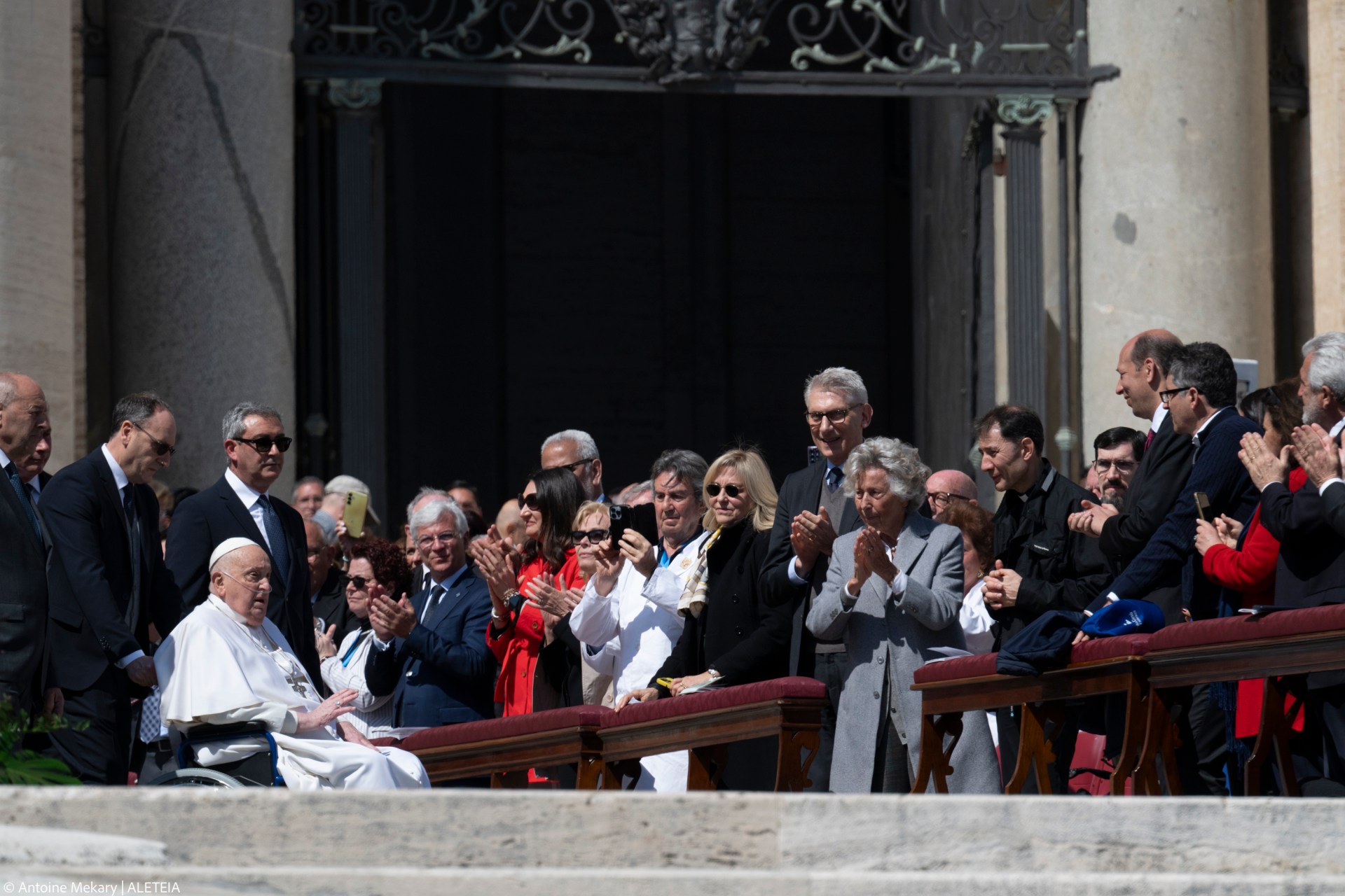 Pope Francis is pushed in a wheelchair on St. Peter's square to conduct the Angelus prayer in The Vatican, on April 6, 2025.