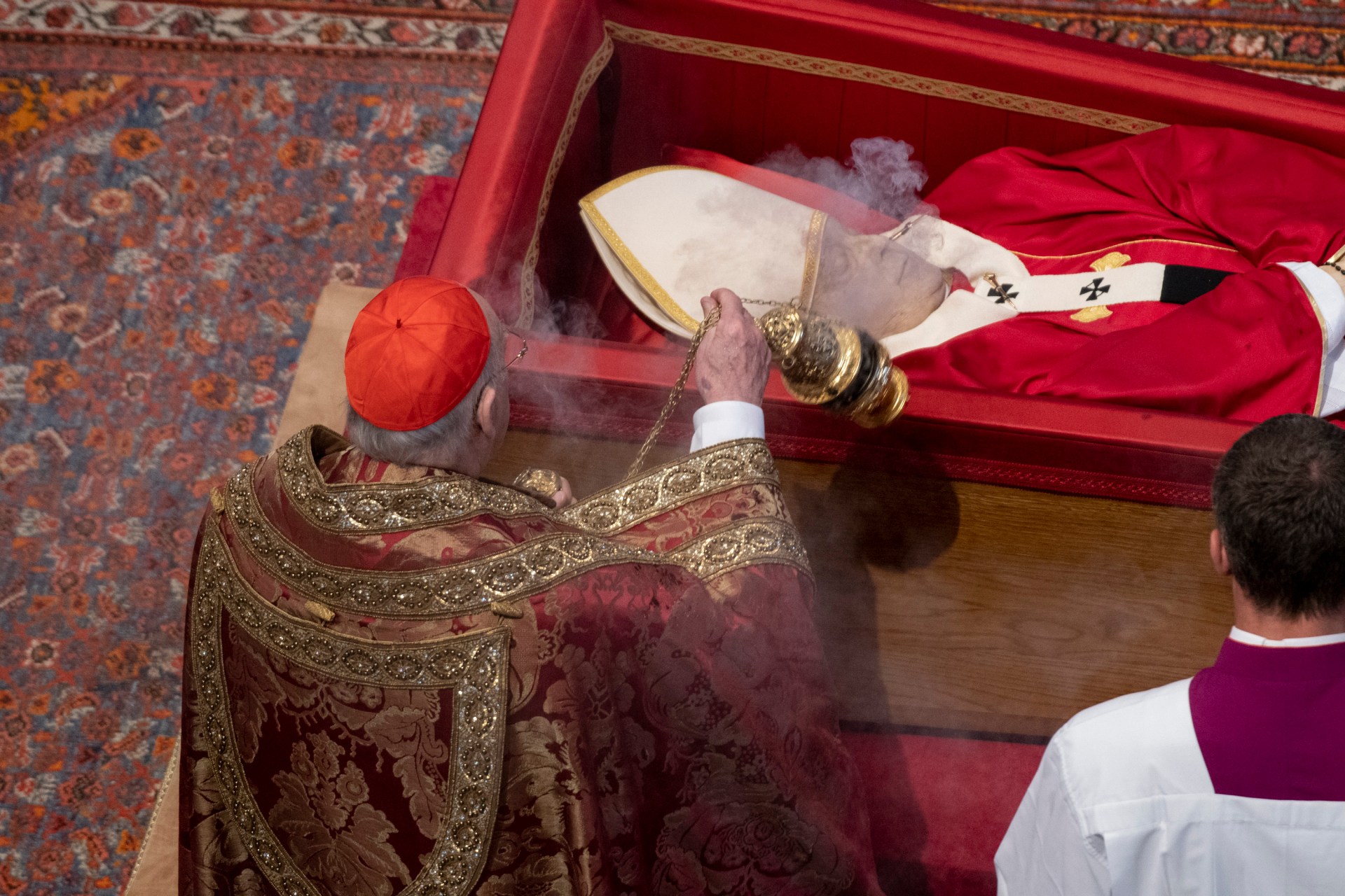 coffin of the late Pope Francis inside St Peter's Basilica as it is transported in a procession from the chapel of Santa Marta to St Peter's Basilica, following the Pope's death, in the Vatican on April 23, 2025.