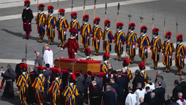 Pallbearers carry the coffin of the late Pope from the chapel of Santa Marta to St. Peter's Basilica in the Vatican on April 23, 2025.