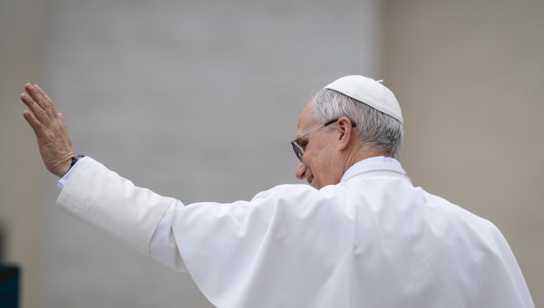 Pope Leo XIV is pictured at the end of his first weekly general audience at St Peter's Square in The Vatican on May 21, 2025.