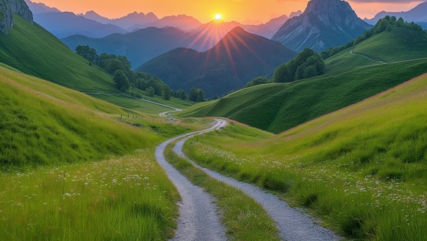 Dirt Path Through Green Hills at Sunset