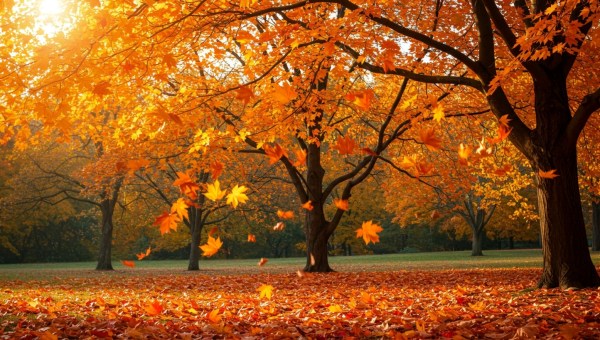 Golden autumn leaves fall from sun-drenched trees