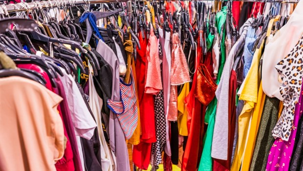 Crowded clearance section in a clothing store